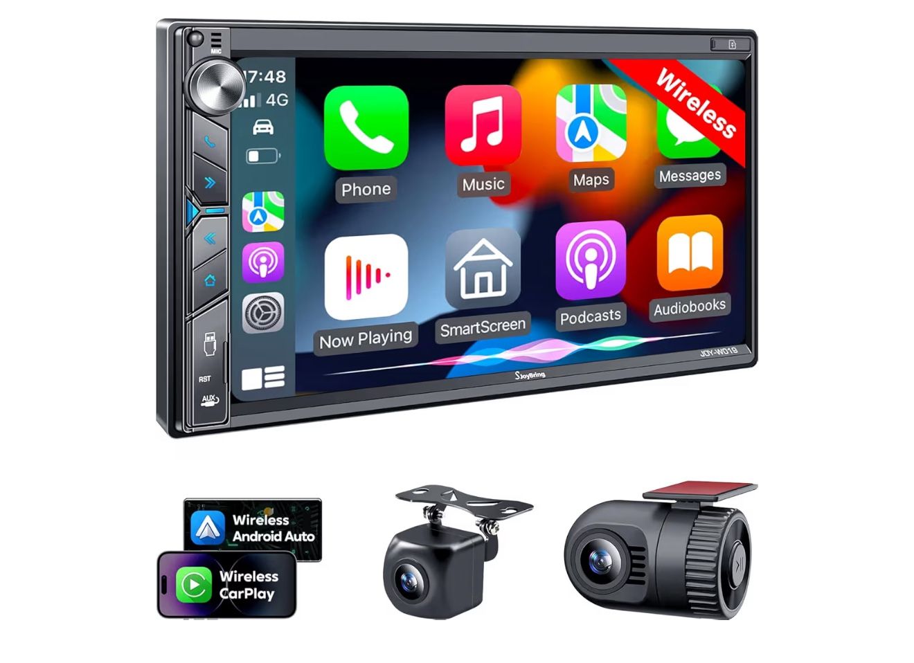 SJoyBring Upgrade Wireless Double Din Car Stereo with Apple Carplay, Android Auto, Dash Cam, Bluetooth, 4-Channel RCA, 2 Subwoofer Ports, 7" HD Capaci