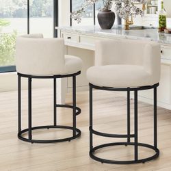 LUE BONA 26.8" Counter Height Bar Stools Set of 2, 180° Swivel Bar Stools, Modern Barrel Counter Stools with Back and Metal Frame, Fabric Upholstered 