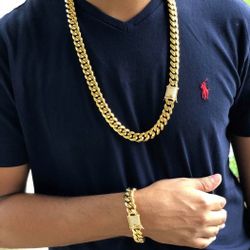 12MM Cuban Link Set 14K Gold Plated Doesn't Loses Color 