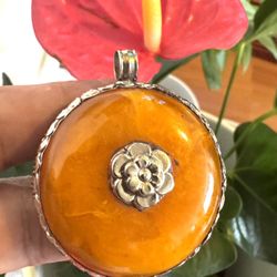 Unique Ethnic Tibetan Silver & Amber Resin Pendant With Auspicious Floral Hand Carving 2”inch & 38grams