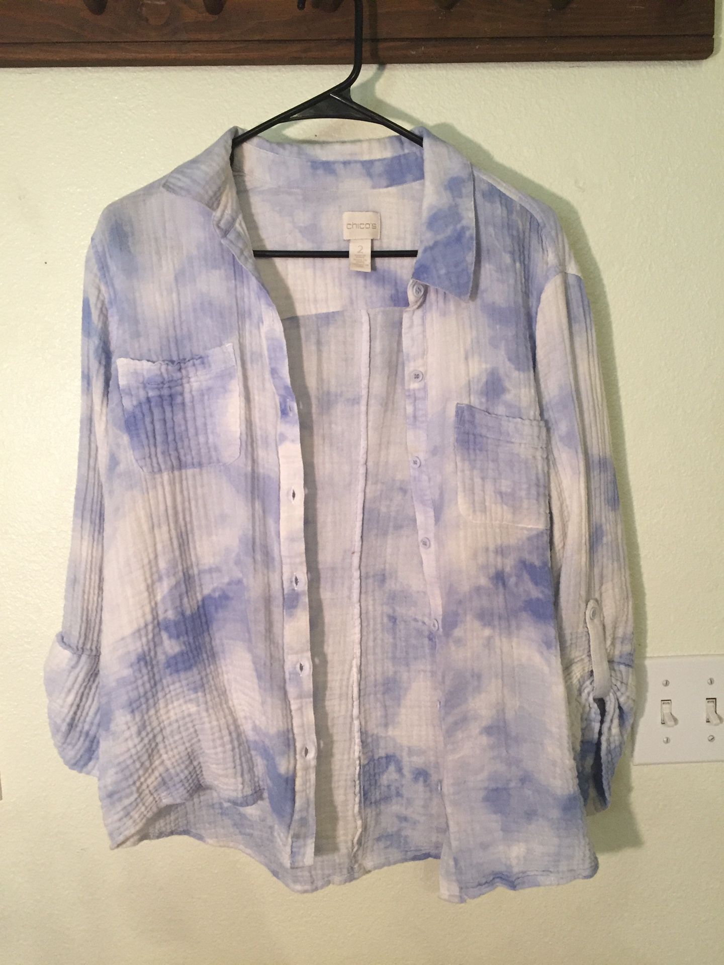 Chico’s blue and white long sleeved collared shirt