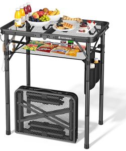 Folding Grill Table for Outside, 3 Height Adjustable Small Camping Table with Mesh Bag, Metal Aluminum Folding Table, 23.62 x 15.75 inches, Portable G
