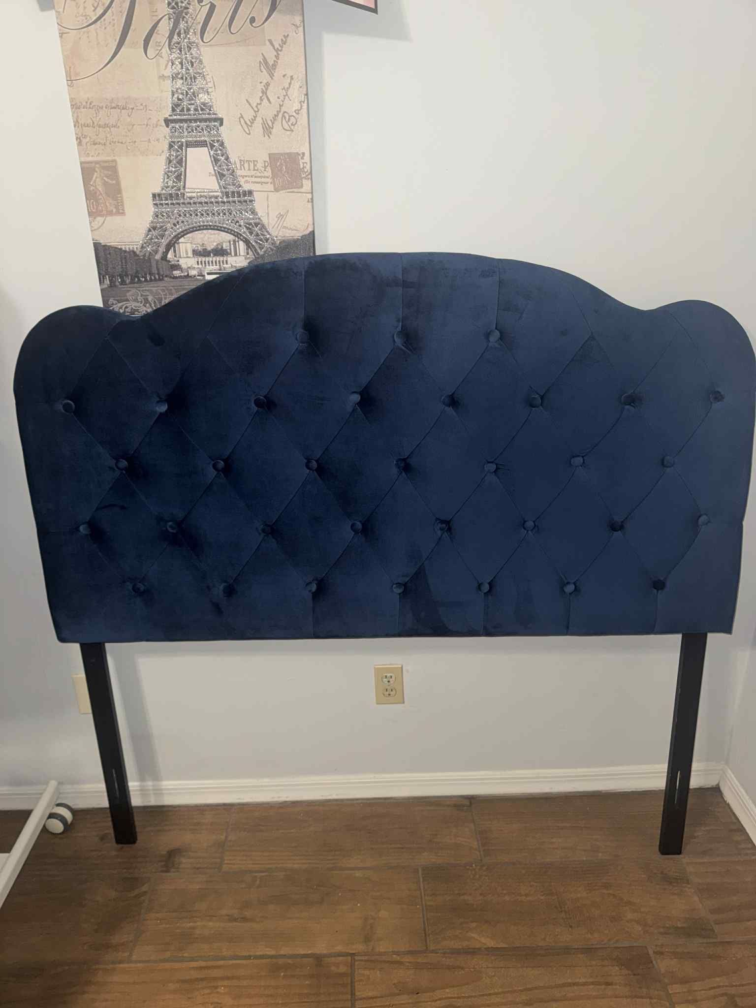 FULL SIZE BED Baxton Studio Clovis Velvet Fabric Upholstered Headboard Navy Blue Full & Metal Bed Frame