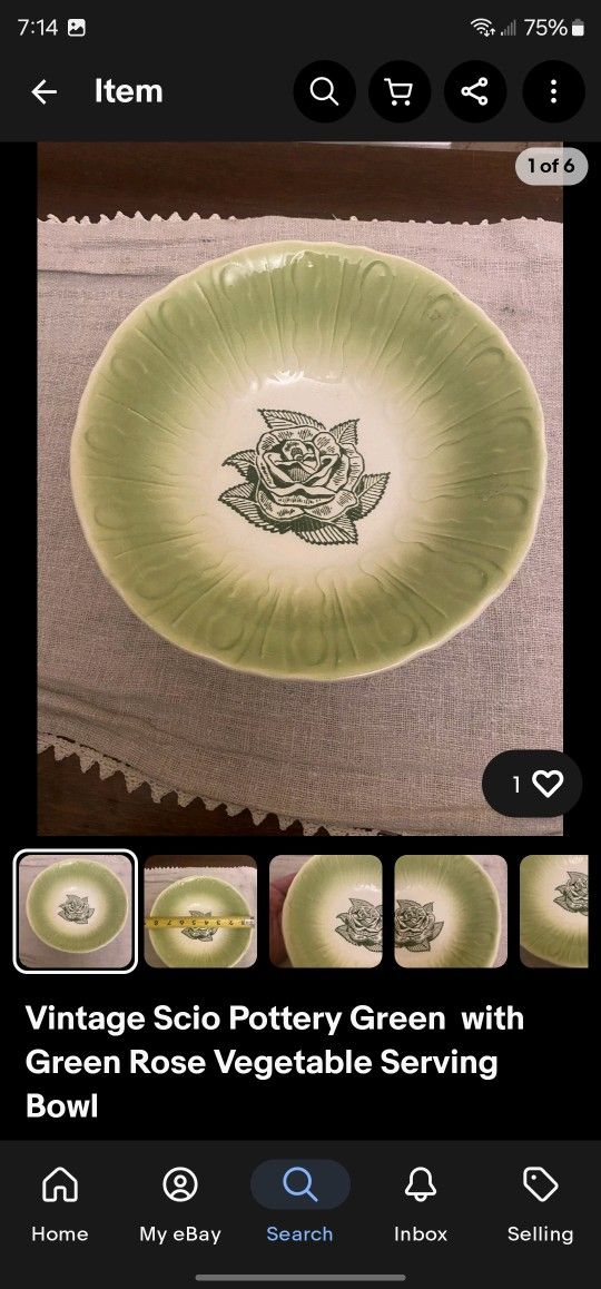 Vintage Scio Pottery Green with Green Rose Vegetable Serving Bowl.