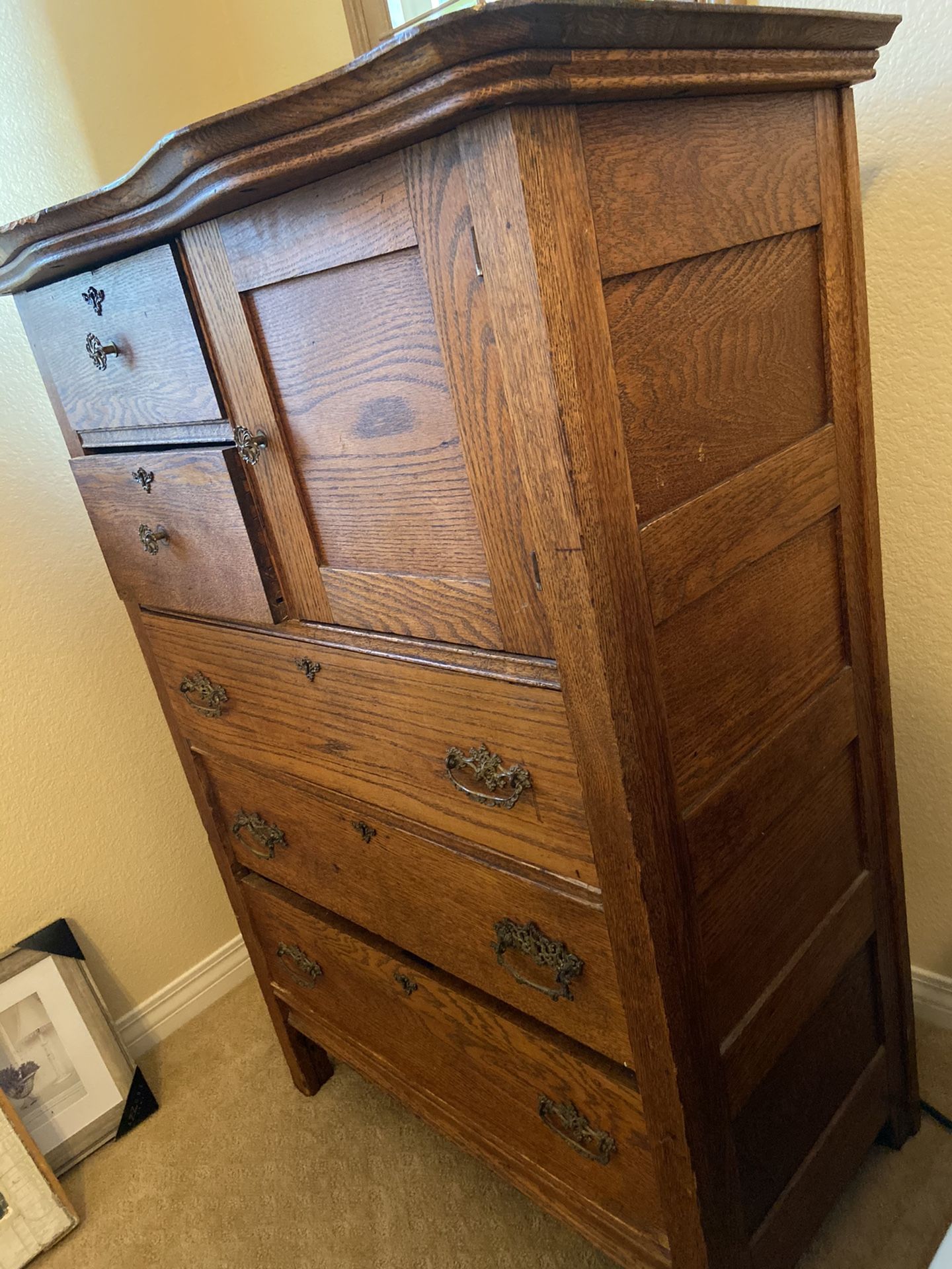 Vintage 1890s1920s Antique solid Oak Highboy Tall Dresser, Chest of