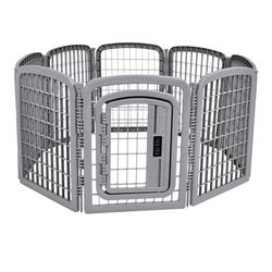 Amazon Basics 8-Panel Octagonal Plastic Dog Playpen, Indoor/Outdoor Pet Fence with Gate, Exercise Pen for Puppies and Small Animals, 28 inches, Grey