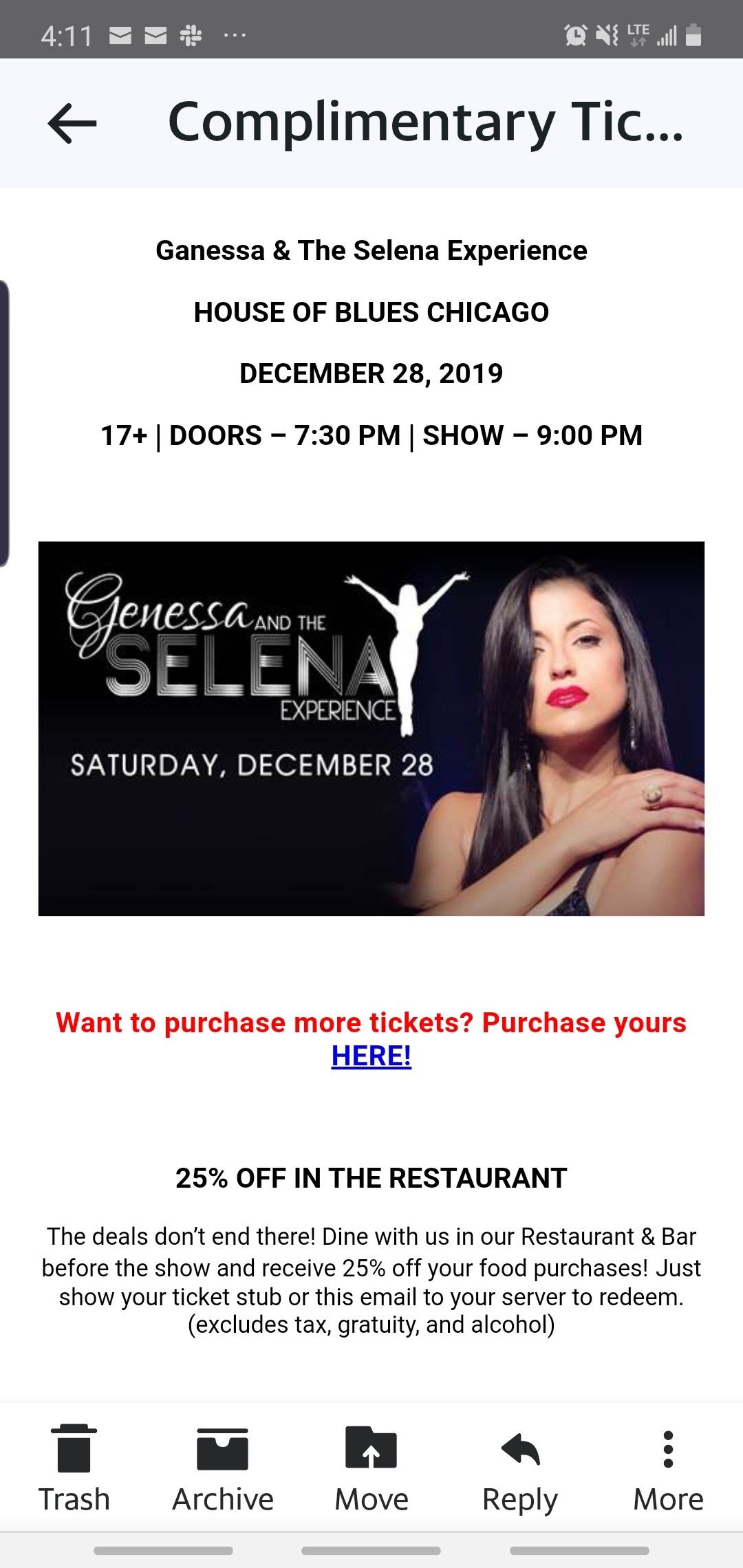 house of blues Selena experience 2 tix 12/28