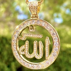 Italy 925 Sterling Silver ALLAH 14K Gold 5X Layered Iced Iced Pendant, Stainless Steel Rope Chain 16”-24” Inches Set
