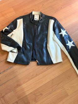 STOOSH Women’s Faux Leather Star Racing Moto Jacket Colorblock Black White L