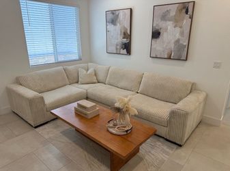 Cream Corduroy Sectional Sofa - 133" x 93"