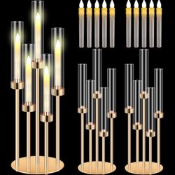 Tandefio 2 Set 5 Arm Gold Candelabra Table Centerpiece with LED Candle 26.8" Tall Wedding Floor Holder Acrylic Candlestick with Lampshade Fit 0.8 for 