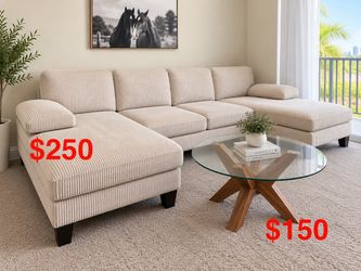 Beige Corduroy Sectional Sofa and glass table