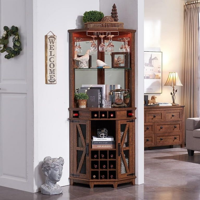 Corner Bar Storage Cabinet, 72" Tall Farmhouse Wine Bar w/Barn Door & Adjustable Shelf, Home Bar Cabinet w/LED Light & Glass Rack for Dining Room, Liv