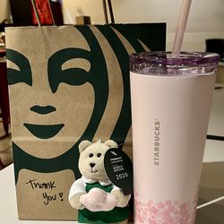 Starbucks Cherry Blossom 2026 Stainless Steel Venti tumbler and Barista Bear included