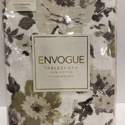 NEW Envogue 90” Round Diameter Tablecloth 100% Cotton White with Gray and Beige Floral