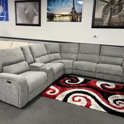 Gray Sofa Sectional w/ Power Motion Recliners, Adjustable Headrest & Dropdown Cupholder 