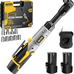 3/8" Cordless Ratchet Wrench Set, 60FT-LBS(80N.m) Electric Ratchet, 12V Extended Power Ratchet Wrench with Variable Speed, 6 Sockets, LED Light, 1/4" 