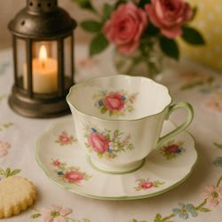 Shelley England 1940s “Rosebud” Eggshell Porcelain Floral Teacup & Saucer Set