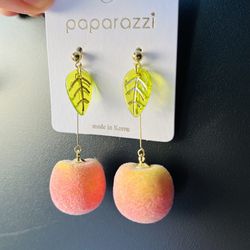 Unique Peach and Leaf Earrings, Fuzzy Texture, Gold-Tone Detail, new