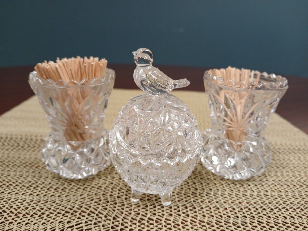 Vintage German Lead Crystal Toothpick Holders And Trinket 