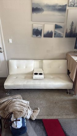 White Faux Leather Loveseat / Convertible Sofa With Cup Holder