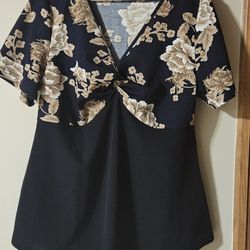 BLOOMCHIC 14 / 16 black floral peplum twist front short sleeve top blouse 