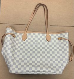 Louis Vuitton Damier Azur Neo Neverfull MM Rose Ballerine Shoulder Bag Large Tote Brown White Luxury Brand Entrupy