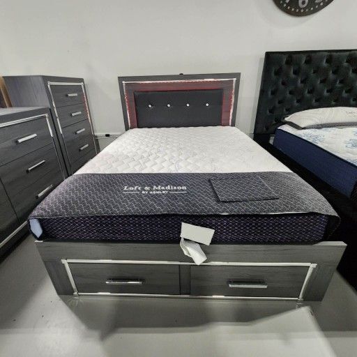 Modern grey queen panel bed frame and bedroom set 