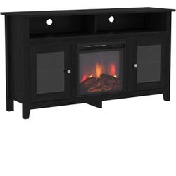 Walker Edison Glenwood Rustic Farmhouse Glass Door Highboy Fireplace TV Stand for TVs up to 65 Inches, 58 Inch, Black