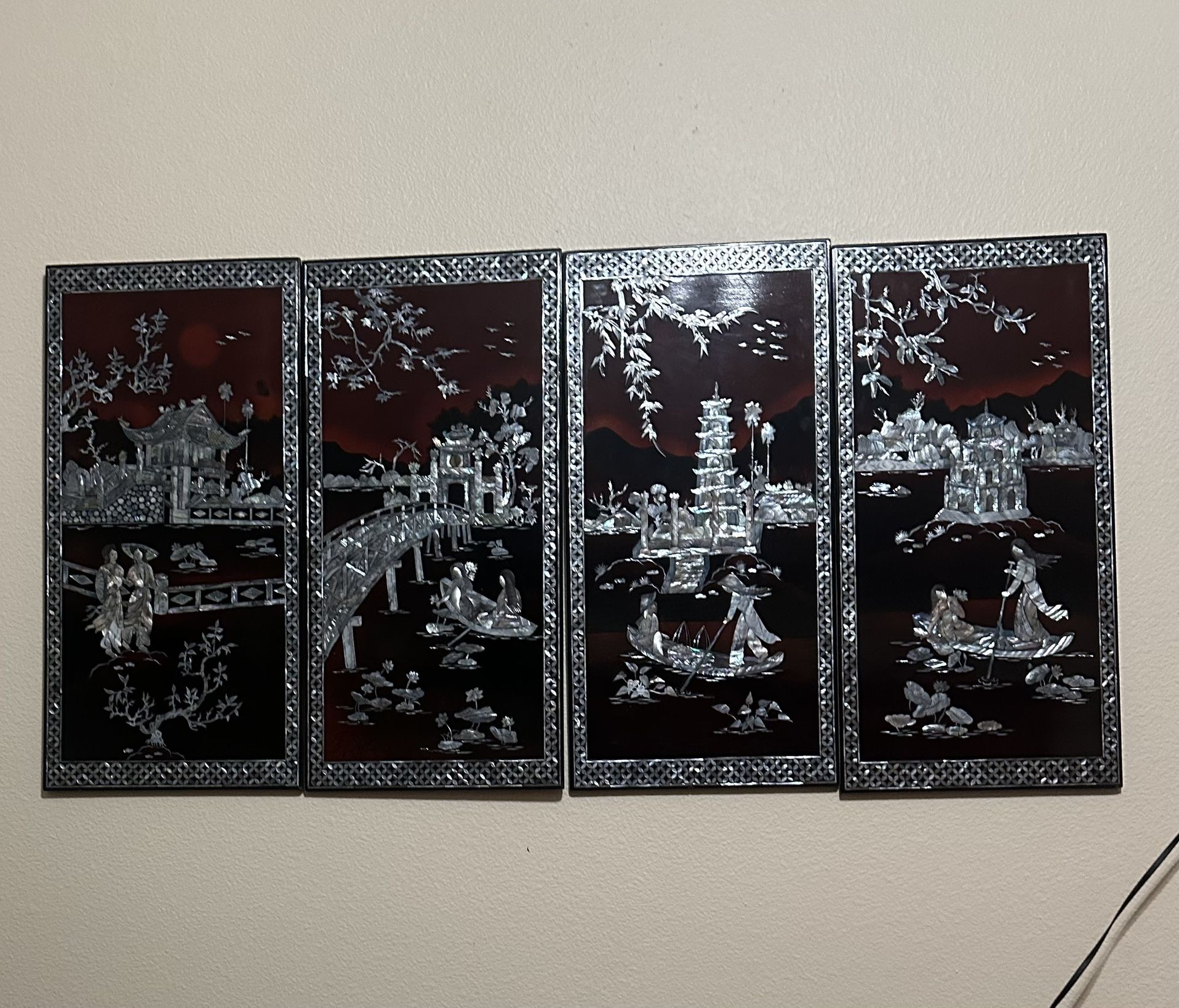 Vintage Vietnamese lacquer and mother of pearl Inlaid panels wall art decor painted panel Painted inlay