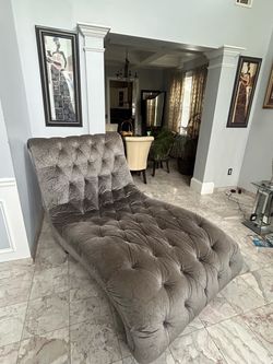 American signature grey velvet tufted chaise lounge - retails $1500