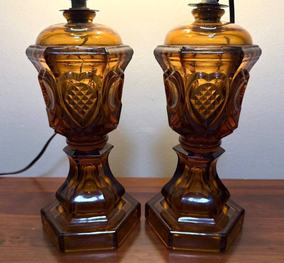 Vintage Pair Of Amber Glass Table Lamps