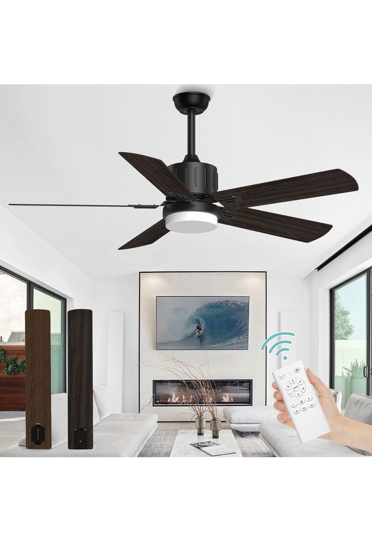 Ceiling Fans with Lights and Remote, 52 Inch Black Fan with Light, Indoor/Outdoor Ceiling Fan for Patio, Bedroom, Farmhouse