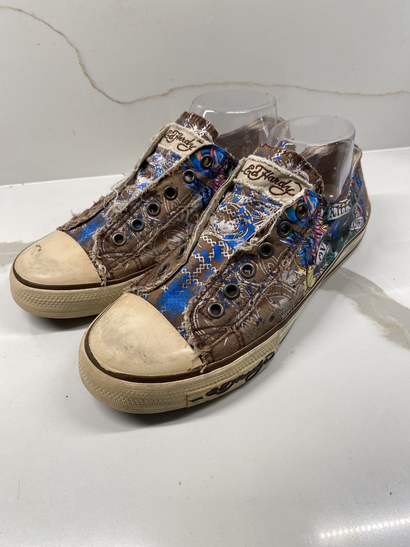 Ed Hardy Slip On Laceless Sneaker Shoes Skull Vintage Low Tops Y2K Size 9 Brown