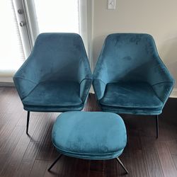 Two Teal Chairs W/ Ottoman 