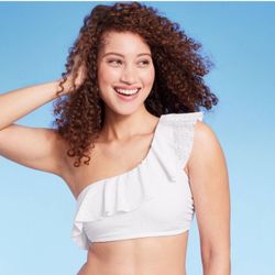 Kona Sol Women’s White Eyelet Ruffle One Shoulder Bikini Top Size L (12-4) NWT