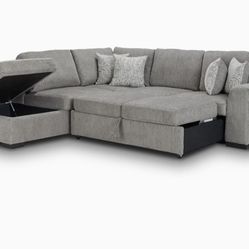 Gray  Sectional With Hidden Storage & Full Size Sleeper