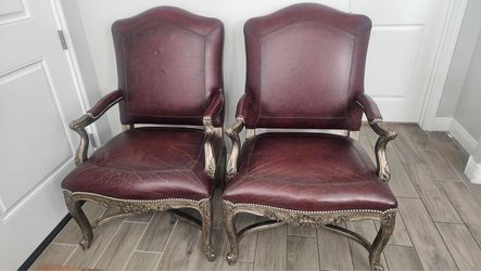 Pair of Burgundy Leather French Provincial Armchairs