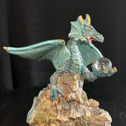 Vintage Resin Dragon With Crystal Ball Figurine