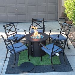 Patio Set Fire Pit And 5 Chairs With New Cushions 