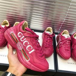 Gucci Rhyton Gucci Logo Unisex Dad Sneakers 524990 Calfskin Leather Spring/Summer 2019 Collection, Hot Pink Women Shoes (Read Description Below)