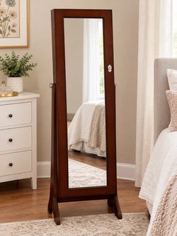 Jewelry Armoire Cabinet with Full Length Mirror + Velvet Storage and Interior Lock