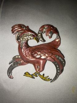 Large Vintage Pink Enamel Rhinestone Phoenix Brooch - 3.5”