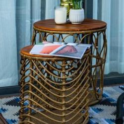 Wood, Metal & Rattan Side Table /Stool Cali Round Wicker Outdoor/indoor Side Table Storage