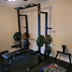 Squat Bench Rack Grind Fitness CHAOS 4000 + gym floor tiles 8'x10' + Rogue Ohio Power Bar + Vulcan Olympic Weight Set 230lbs