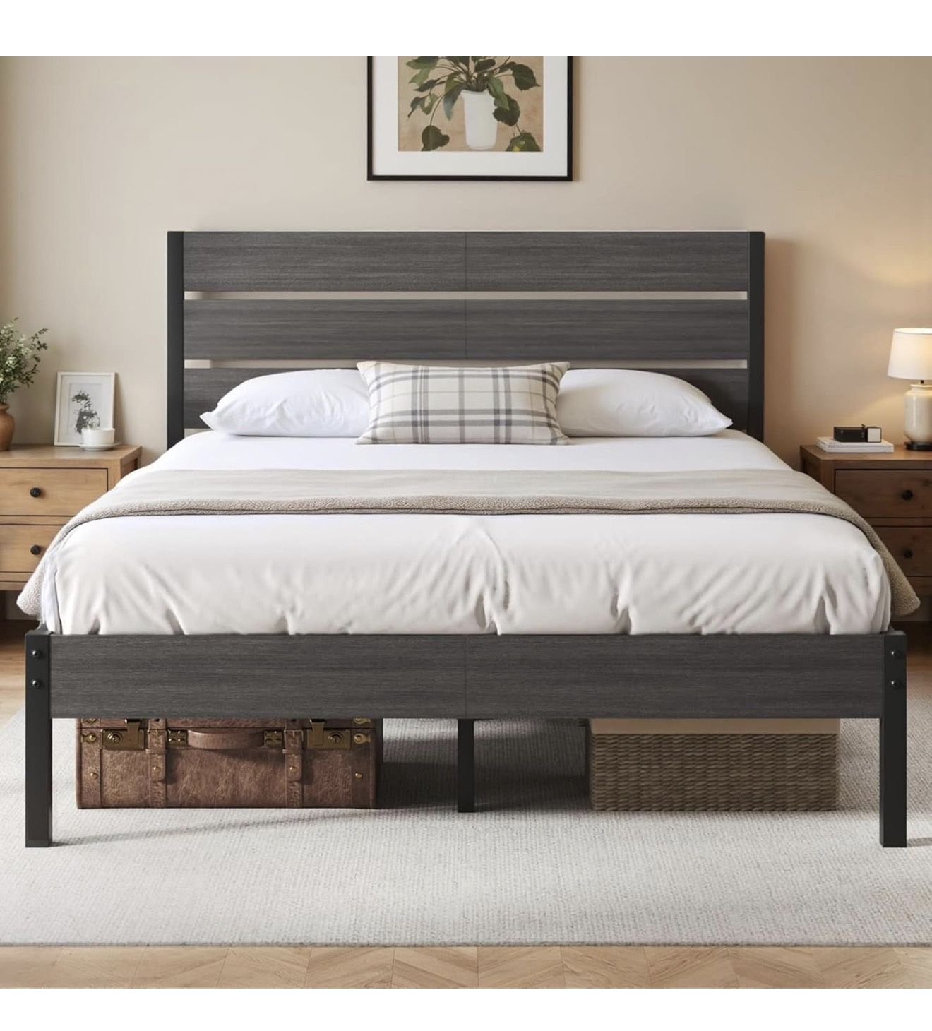 Queen Bed Frame with Headboard and Footboard, Metal Platform Bed Frame with Under Bed Storage, All-Metal Support System, No B