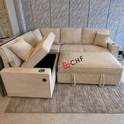 Beige corduroy sectional sleeper sofa with pull out bed and cup holder 
