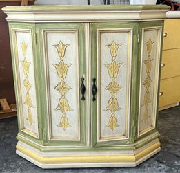 Vintage solid wood accent console table cabinet hand painted green,cream and yellow.L31xD12xH30”