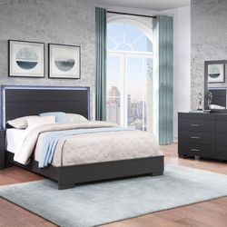 4PC QUEEN BEDROOM SET CHARCOAL WITH LED LIGHT/HB $949. (BE52631)