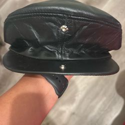 Vintage Black Leather News Boy Cap Medium 